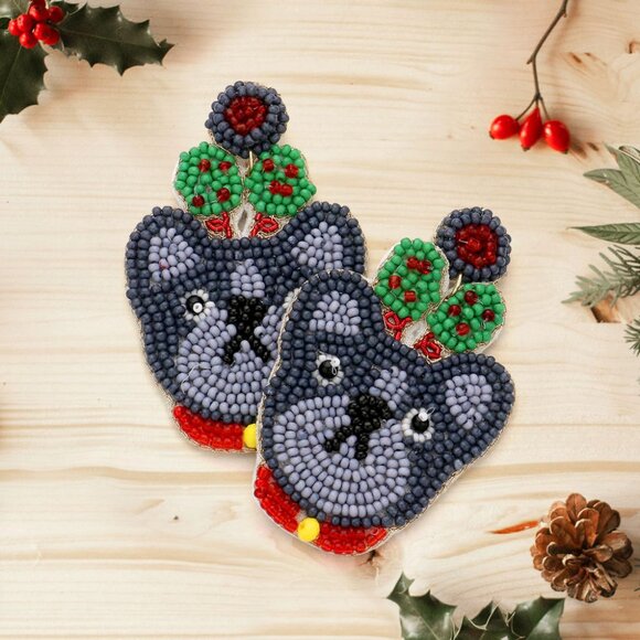 FRENCHIE FRENCH BULLDOG Dog Breed Seed Beaded Earrings & Christmas Ornament SET - Picture 6 of 6